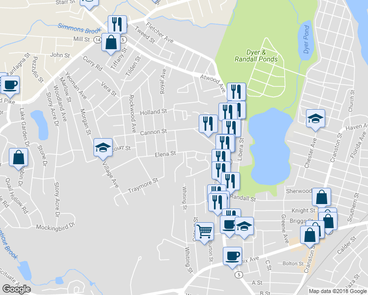 map of restaurants, bars, coffee shops, grocery stores, and more near 101 Elena Street in Cranston