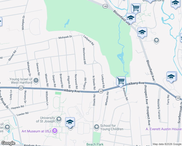 map of restaurants, bars, coffee shops, grocery stores, and more near 343 North Steele Road in West Hartford