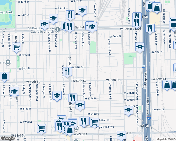 map of restaurants, bars, coffee shops, grocery stores, and more near 5812 South Lowe Avenue in Chicago