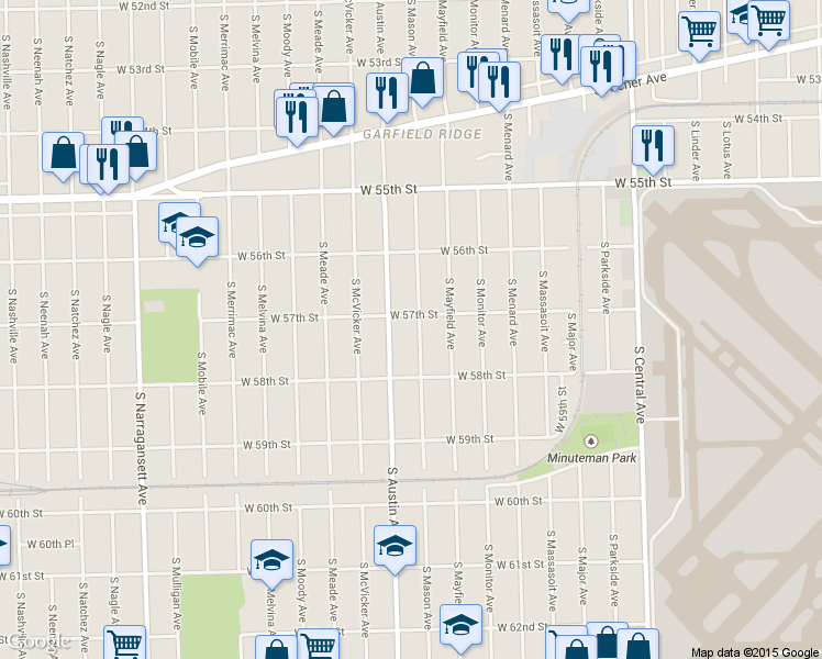 map of restaurants, bars, coffee shops, grocery stores, and more near 5710 S Mason Ave in Chicago