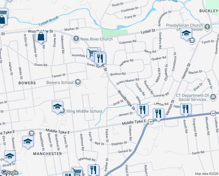map of restaurants, bars, coffee shops, grocery stores, and more near 367 Parker Street in Manchester