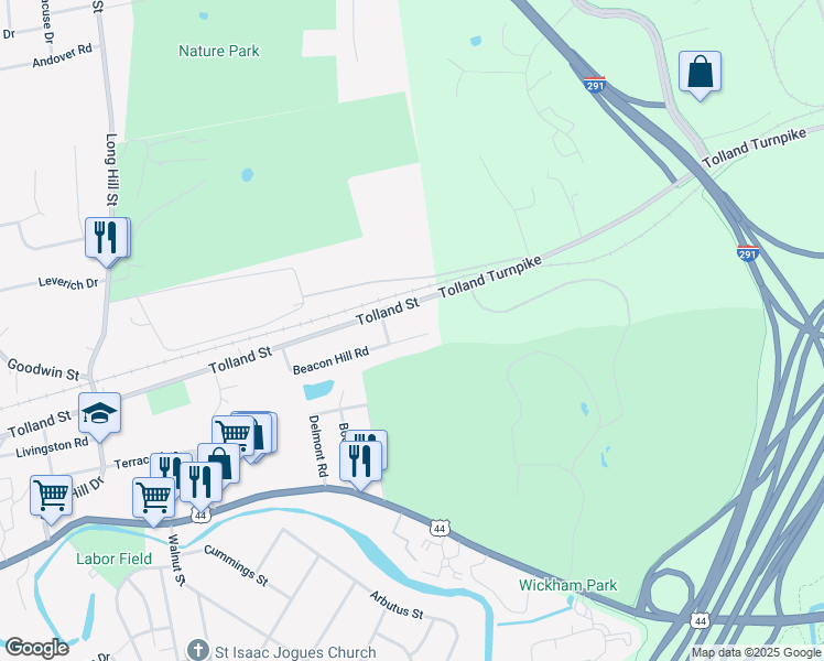 map of restaurants, bars, coffee shops, grocery stores, and more near 132 Beacon Hill Road in East Hartford