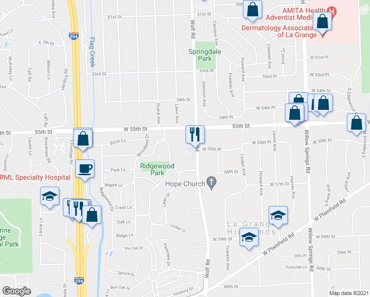 map of restaurants, bars, coffee shops, grocery stores, and more near 5529 Heritage Court in Western Springs