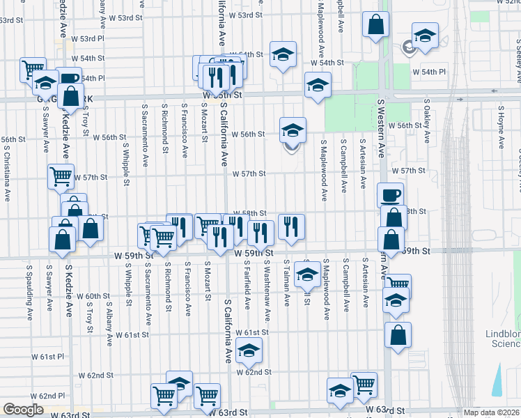 map of restaurants, bars, coffee shops, grocery stores, and more near 5754 South Washtenaw Avenue in Chicago