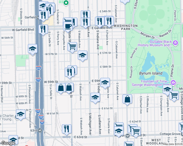 map of restaurants, bars, coffee shops, grocery stores, and more near 5825 South Michigan Avenue in Chicago