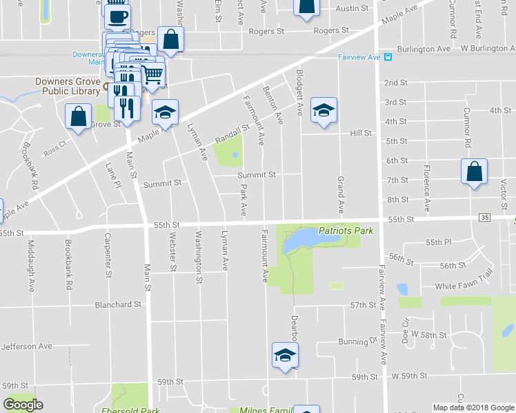 map of restaurants, bars, coffee shops, grocery stores, and more near 5422 Fairmount Avenue in Downers Grove