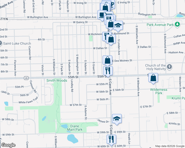 map of restaurants, bars, coffee shops, grocery stores, and more near 334 South Grant Street in Westmont