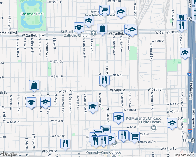 map of restaurants, bars, coffee shops, grocery stores, and more near 5808 South Green Street in Chicago