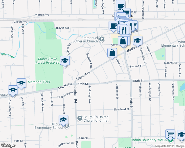 map of restaurants, bars, coffee shops, grocery stores, and more near 5410 Brookbank Road in Downers Grove