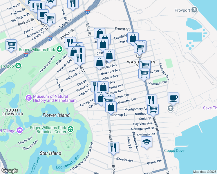 map of restaurants, bars, coffee shops, grocery stores, and more near 299 California Avenue in Providence