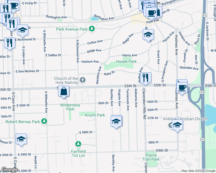map of restaurants, bars, coffee shops, grocery stores, and more near 355 East 55th Street in Clarendon Hills