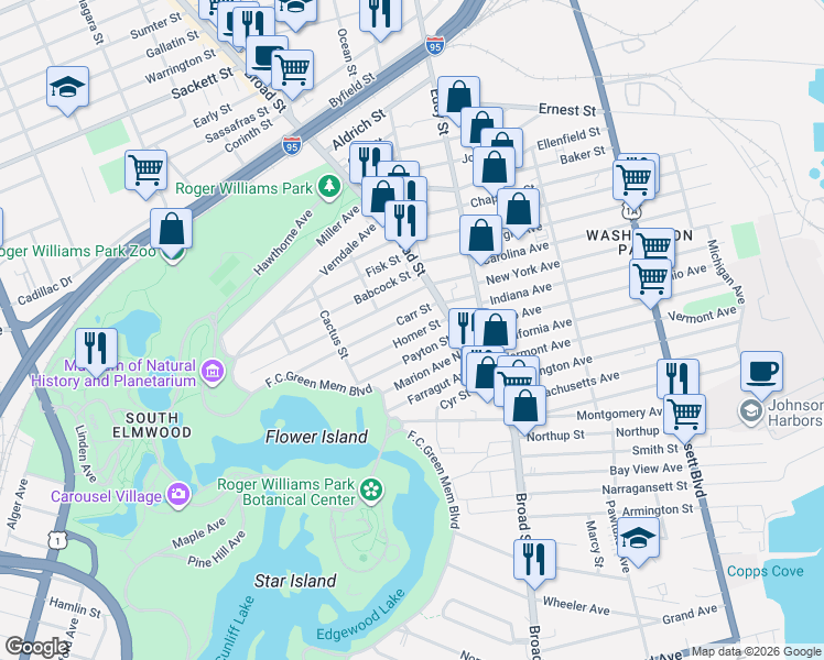 map of restaurants, bars, coffee shops, grocery stores, and more near 50 Carr Street in Providence