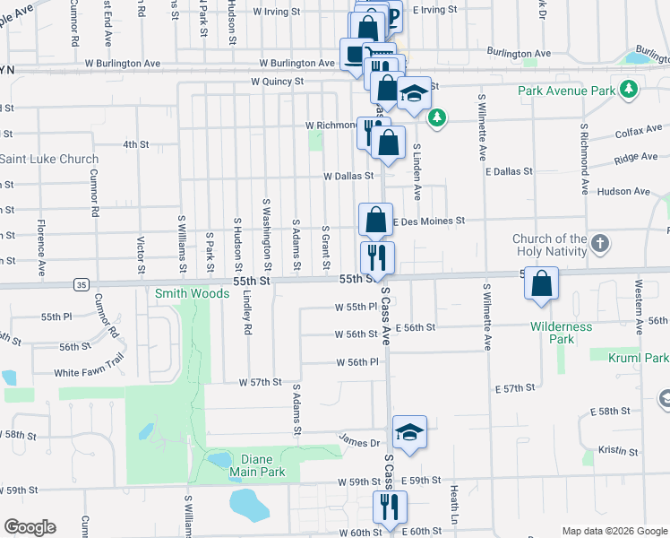 map of restaurants, bars, coffee shops, grocery stores, and more near 334 South Grant Street in Westmont