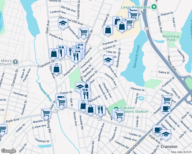 map of restaurants, bars, coffee shops, grocery stores, and more near 225 Fiat Avenue in Cranston