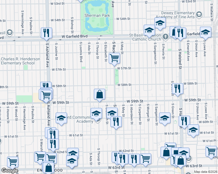 map of restaurants, bars, coffee shops, grocery stores, and more near 5801 South Elizabeth Street in Chicago