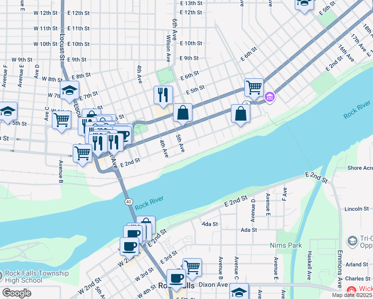 map of restaurants, bars, coffee shops, grocery stores, and more near 108 5th Avenue in Sterling
