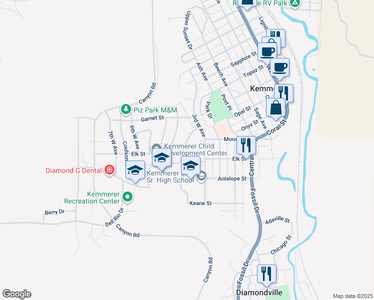 map of restaurants, bars, coffee shops, grocery stores, and more near 911 Elk Street in Kemmerer