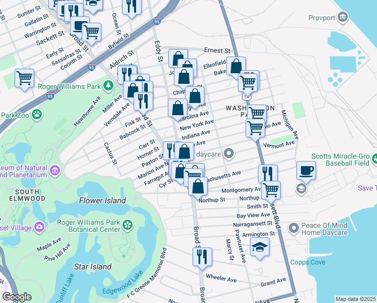 map of restaurants, bars, coffee shops, grocery stores, and more near 299 California Avenue in Providence