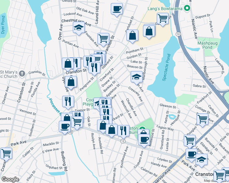 map of restaurants, bars, coffee shops, grocery stores, and more near 225 Fiat Avenue in Cranston