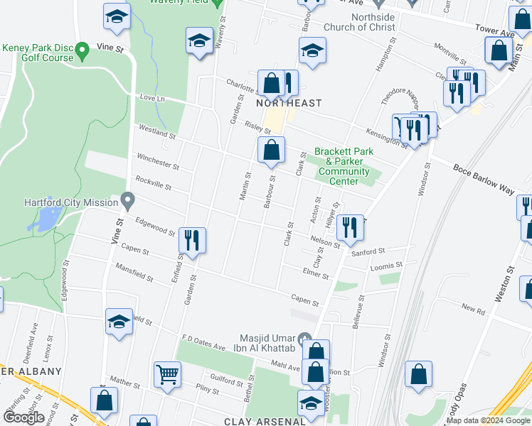 map of restaurants, bars, coffee shops, grocery stores, and more near 25 Judson Street in Hartford