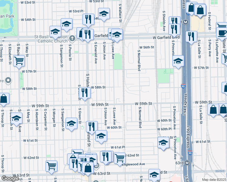 map of restaurants, bars, coffee shops, grocery stores, and more near 5812 South Lowe Avenue in Chicago