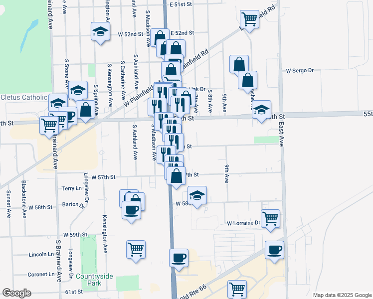 map of restaurants, bars, coffee shops, grocery stores, and more near 9908 56th Street in Countryside