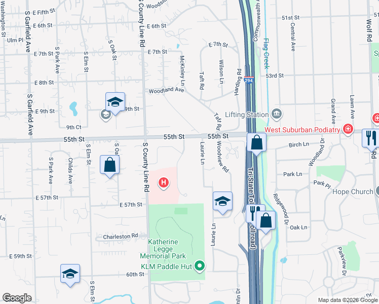 map of restaurants, bars, coffee shops, grocery stores, and more near 5525 Barton Lane in Hinsdale