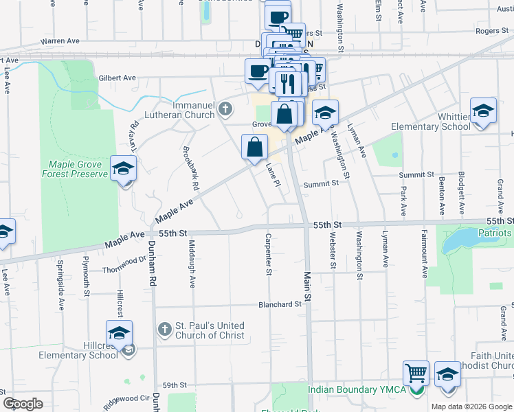 map of restaurants, bars, coffee shops, grocery stores, and more near 5413 Maplewood Place in Downers Grove