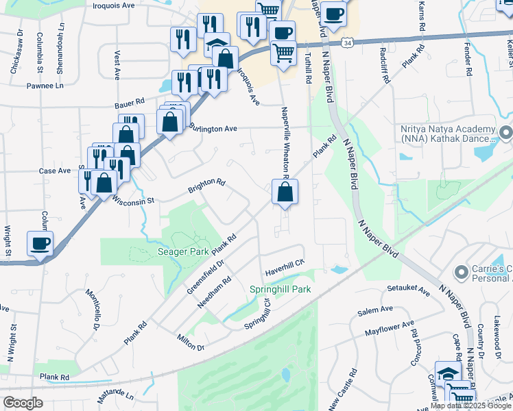 map of restaurants, bars, coffee shops, grocery stores, and more near 1236 Yorkshire Drive in Naperville