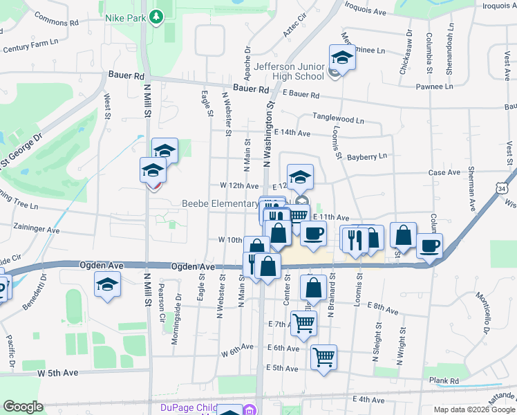 map of restaurants, bars, coffee shops, grocery stores, and more near 1111 North Washington Street in Naperville