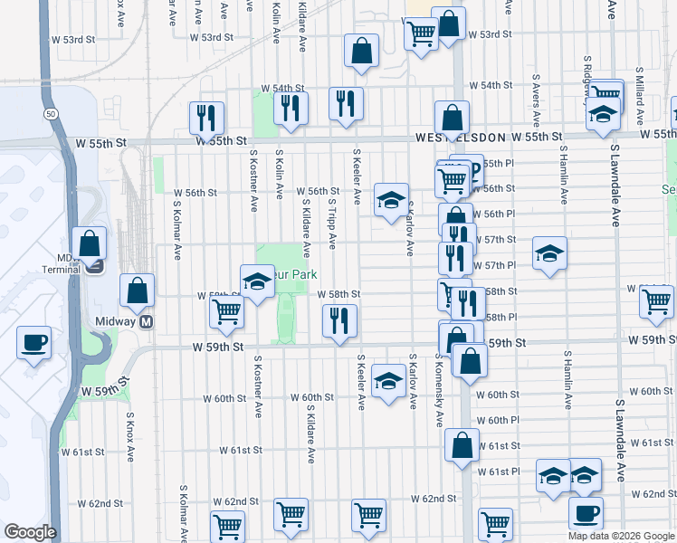 map of restaurants, bars, coffee shops, grocery stores, and more near 5733 South Tripp Avenue in Chicago