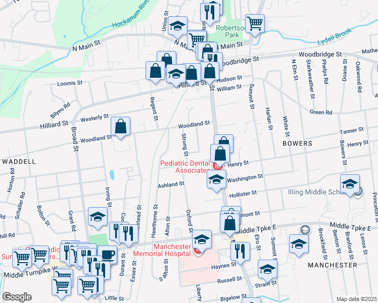 map of restaurants, bars, coffee shops, grocery stores, and more near 45 Strong Street in Manchester