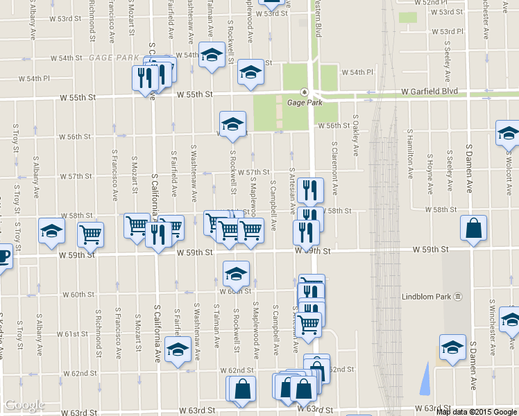 map of restaurants, bars, coffee shops, grocery stores, and more near 5759 S Maplewood Ave in Chicago
