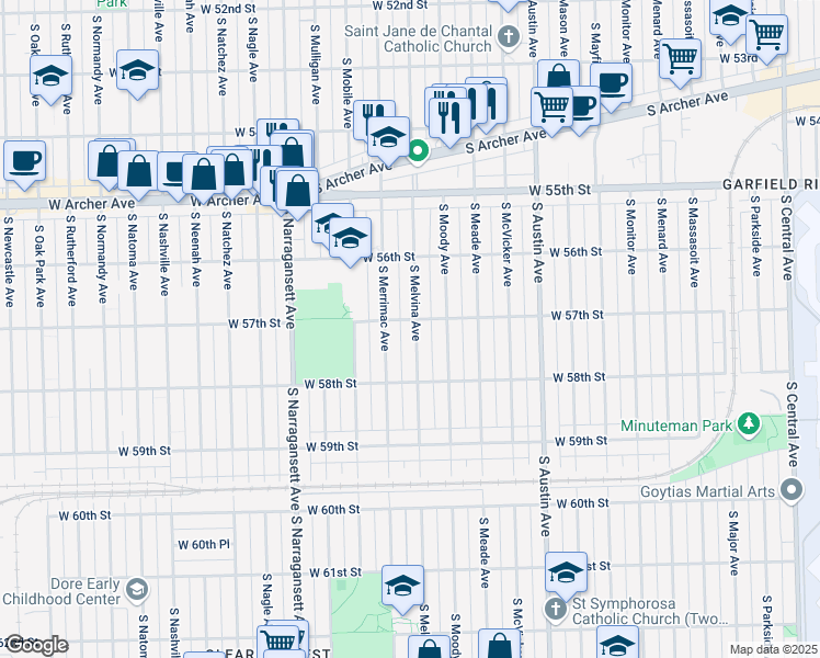map of restaurants, bars, coffee shops, grocery stores, and more near 5704 South Melvina Avenue in Chicago