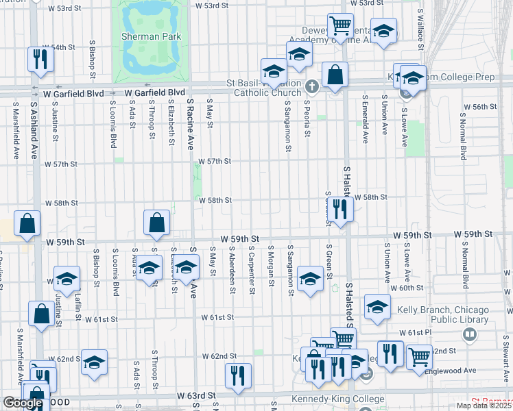 map of restaurants, bars, coffee shops, grocery stores, and more near 5805 S Carpenter St in Chicago