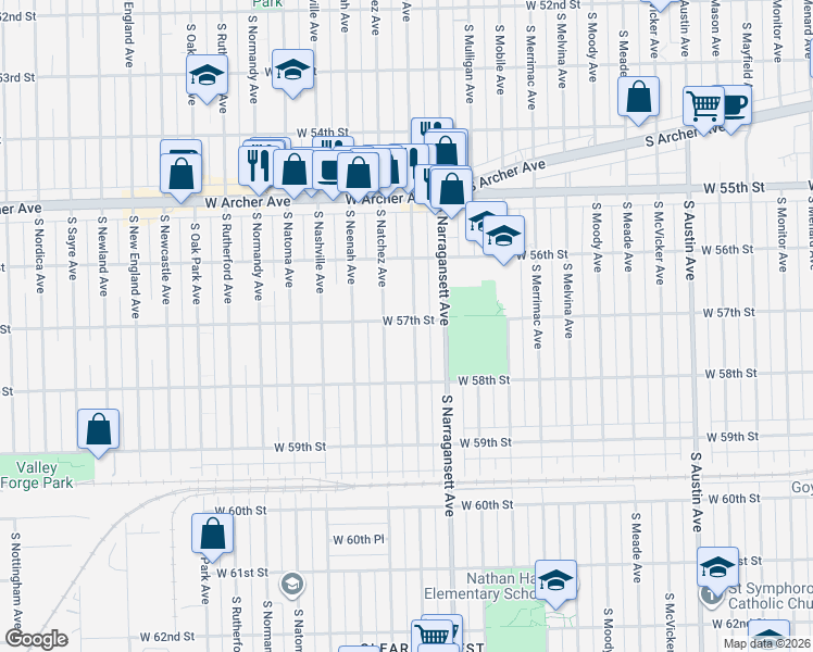 map of restaurants, bars, coffee shops, grocery stores, and more near 5700 South Nagle Avenue in Chicago
