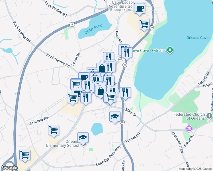 map of restaurants, bars, coffee shops, grocery stores, and more near 12 Cove Road in Orleans