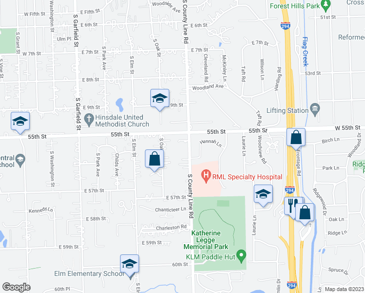 map of restaurants, bars, coffee shops, grocery stores, and more near 5514 South County Line Road in Hinsdale