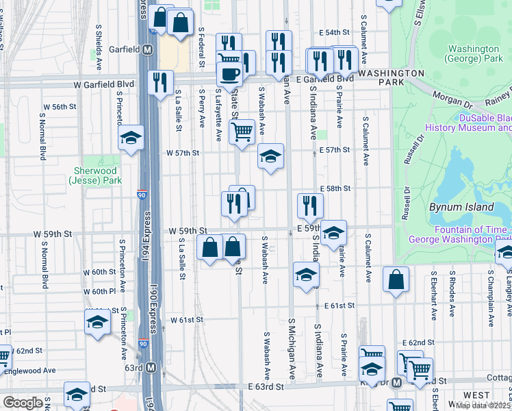 map of restaurants, bars, coffee shops, grocery stores, and more near 5824 South Wabash Avenue in Chicago