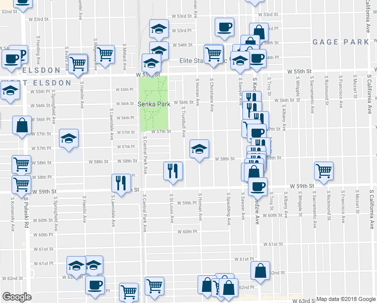 map of restaurants, bars, coffee shops, grocery stores, and more near 5743 South Trumbull Avenue in Chicago