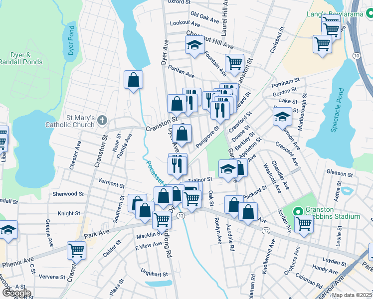 map of restaurants, bars, coffee shops, grocery stores, and more near 12 Byron Street in Cranston