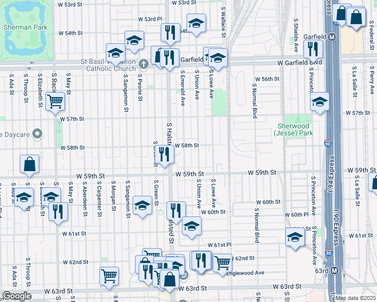 map of restaurants, bars, coffee shops, grocery stores, and more near 5809 South Emerald Avenue in Chicago