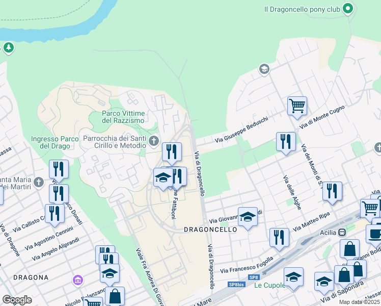 map of restaurants, bars, coffee shops, grocery stores, and more near 601 Via di Dragoncello in Città metropolitana di Roma Capitale