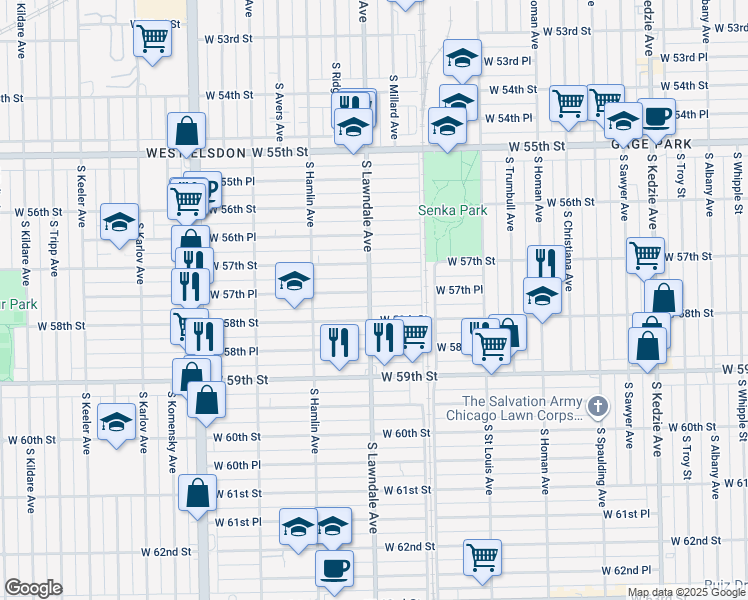 map of restaurants, bars, coffee shops, grocery stores, and more near 3653 West 57th Place in Chicago