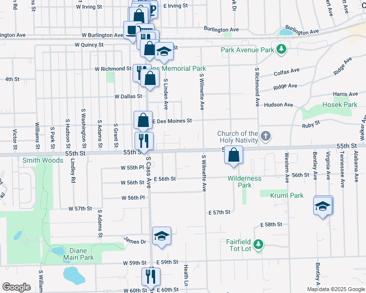 map of restaurants, bars, coffee shops, grocery stores, and more near 50 East 55th Street in Westmont