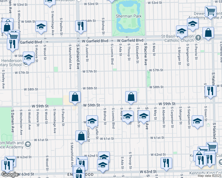 map of restaurants, bars, coffee shops, grocery stores, and more near 5800 South Loomis Boulevard in Chicago