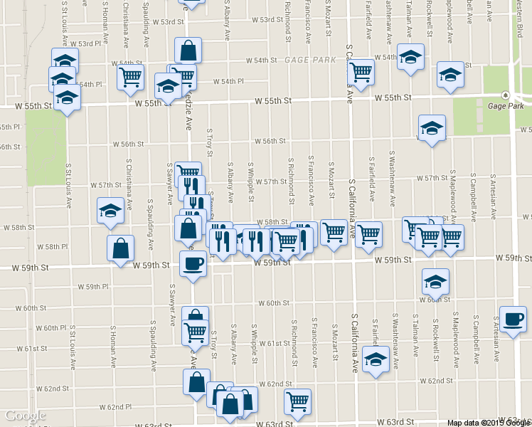 map of restaurants, bars, coffee shops, grocery stores, and more near 5748 South Sacramento Avenue in Chicago