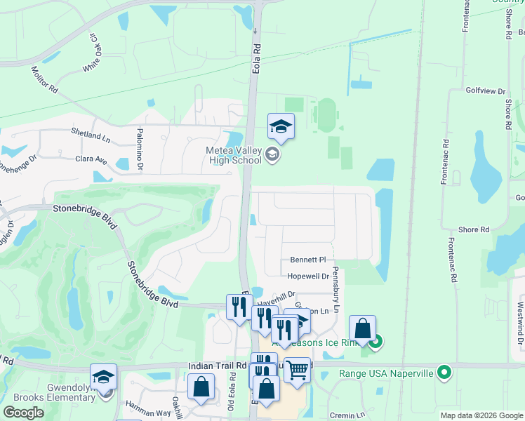 map of restaurants, bars, coffee shops, grocery stores, and more near 3114 Whitney Road in Aurora