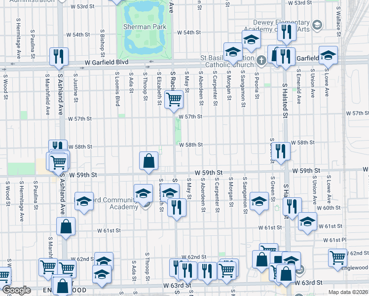 map of restaurants, bars, coffee shops, grocery stores, and more near 5804 South May Street in Chicago
