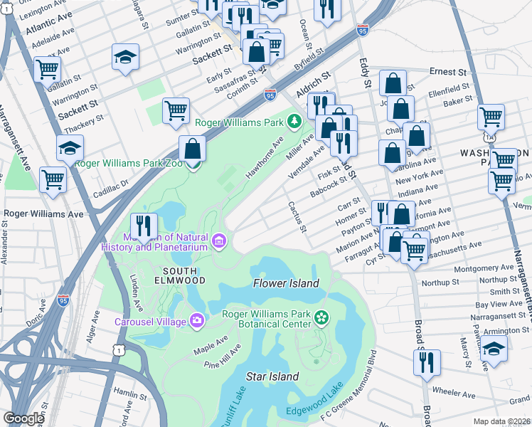 map of restaurants, bars, coffee shops, grocery stores, and more near 141 Babcock Street in Providence